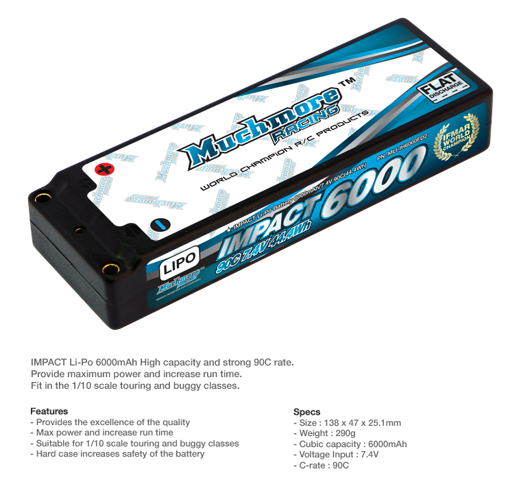 MLI-IH6000FD2 IMPACT FD2 Li-Po Battery 6000mAh/7.4V 100C Flat Hard Case by Muchmore Racing. Co., Ltd.